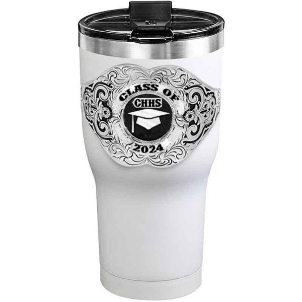 A customized tumbler made of stainless steel with a personalized engraved Class of 2024 lettering with graduate cap figure, 30 oz, ideal for coffee or cool drinks